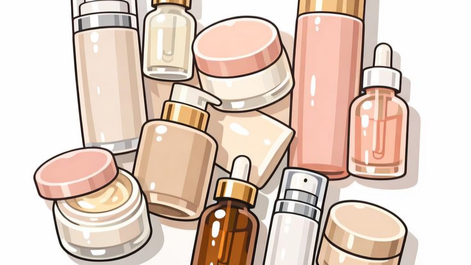 Ilustración de productos de skincare como cremas, sérums y envases cosméticos.