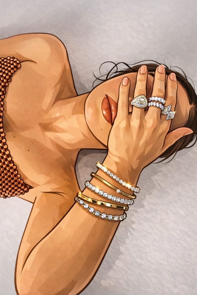 Joyeria Joyería con anillos y pulseras brillantes.