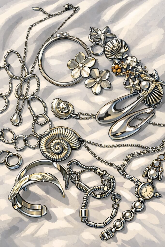Joyeria Joyería plateada con diseños marinos.
