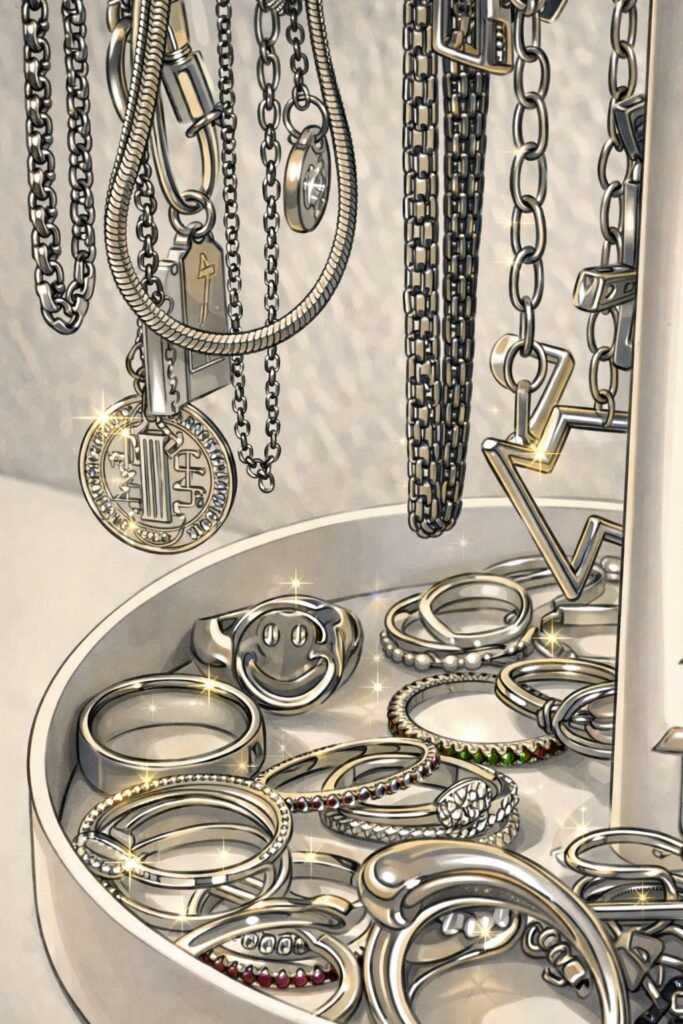 Joyeria Joyas plateadas organizadas con collares y anillos.
