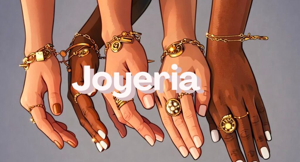 Outfits y complementos. Manos con anillos y pulseras doradas mostrando diferentes estilos de joyería.
