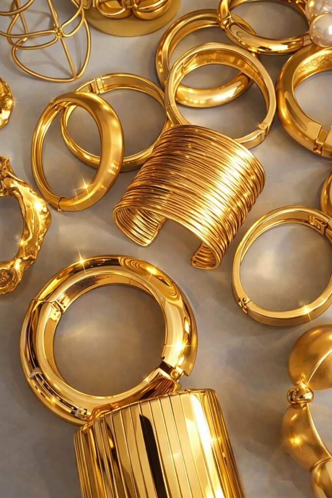 Joyeria Pulseras y brazaletes dorados con acabado brillante y diseño moderno.