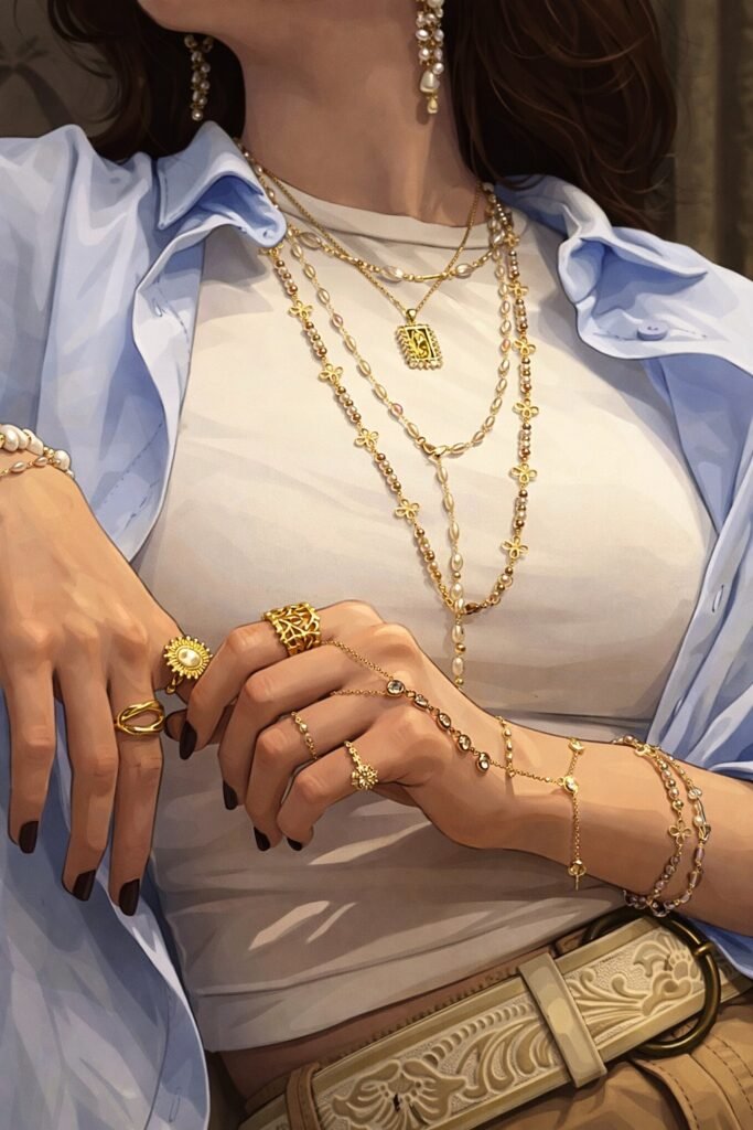 Joyeria Outfit con collares, anillos y pulseras doradas en capas elegantes.