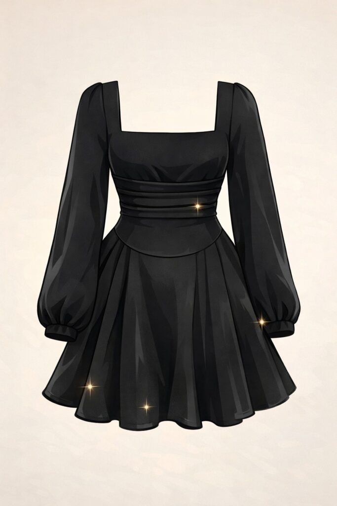 Outfits. Vestido negro elegante de manga larga con falda amplia.