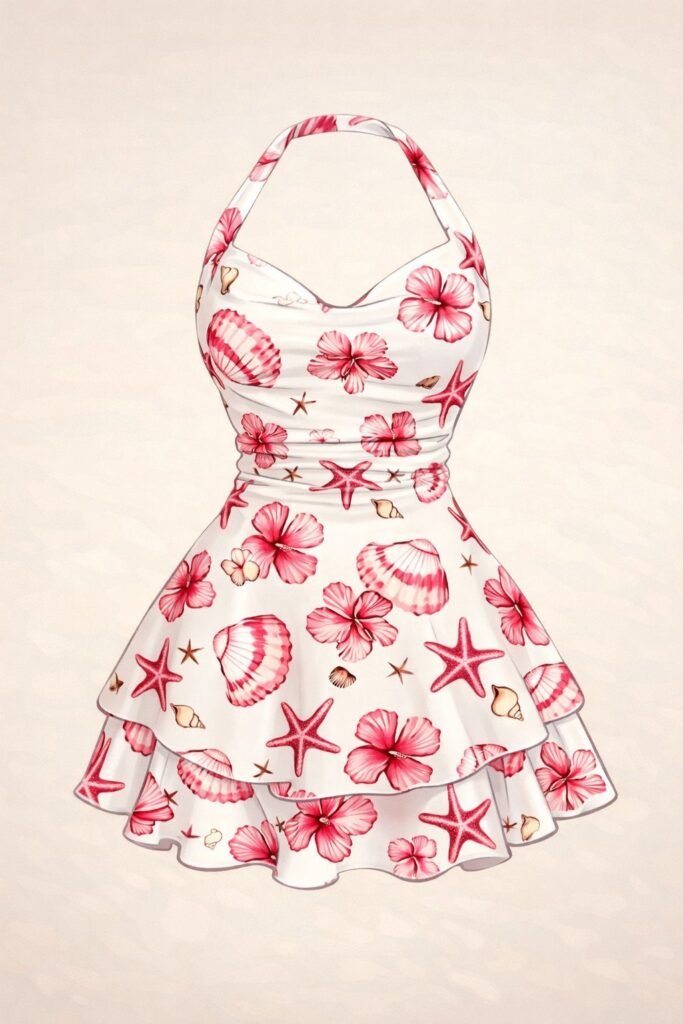 Outfits. Vestido corto blanco con estampado de flores rosas y conchas marinas.