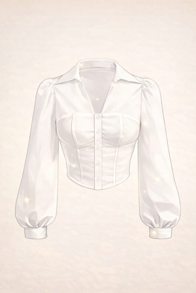 Outfits. Blusa blanca ajustada con botones frontales y mangas largas abullonadas.