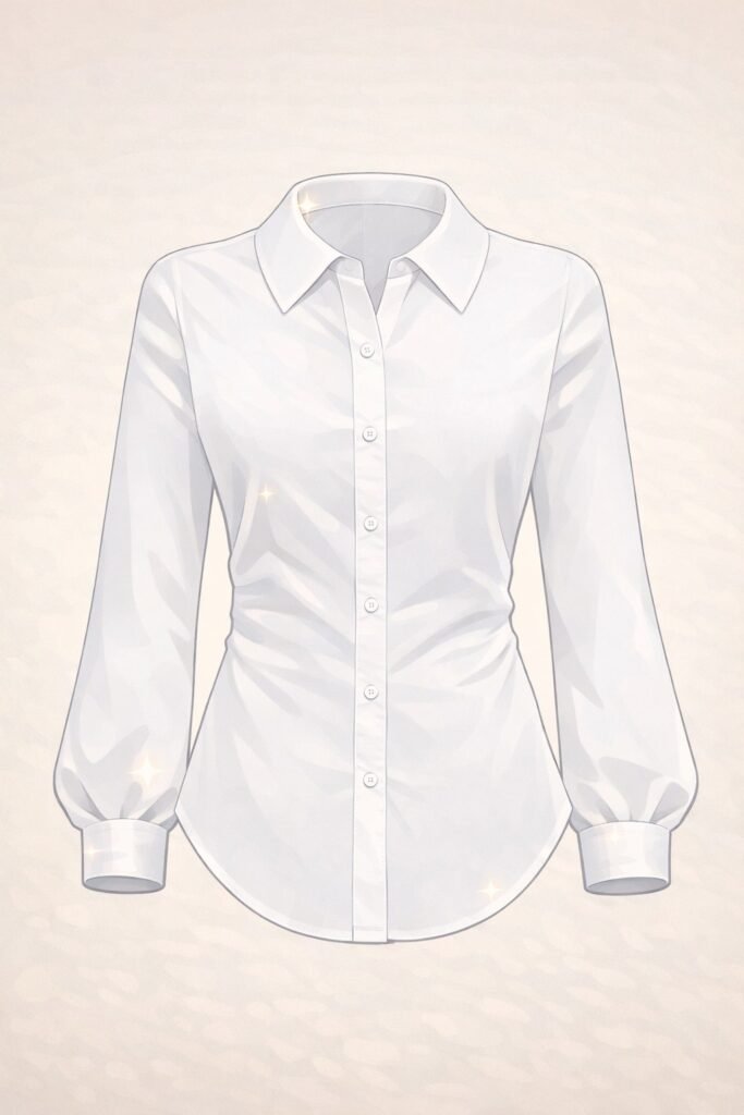 Outfits. Camisa blanca clásica de manga larga con botones frontales y cuello tipo camisa.