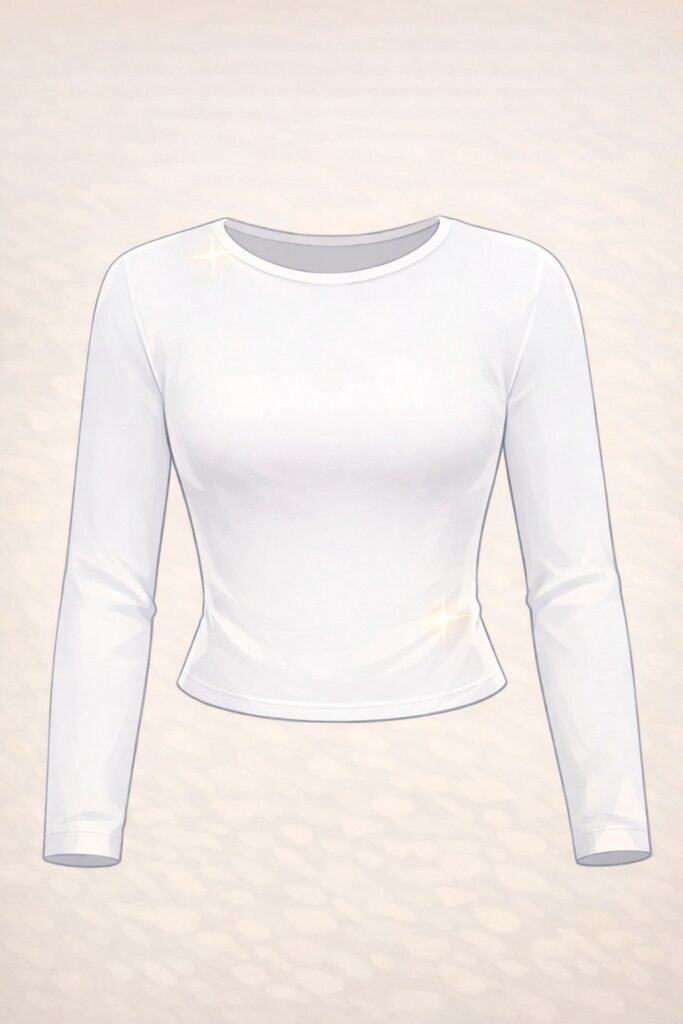 Outfits. Playera blanca ajustada de manga larga con cuello redondo.