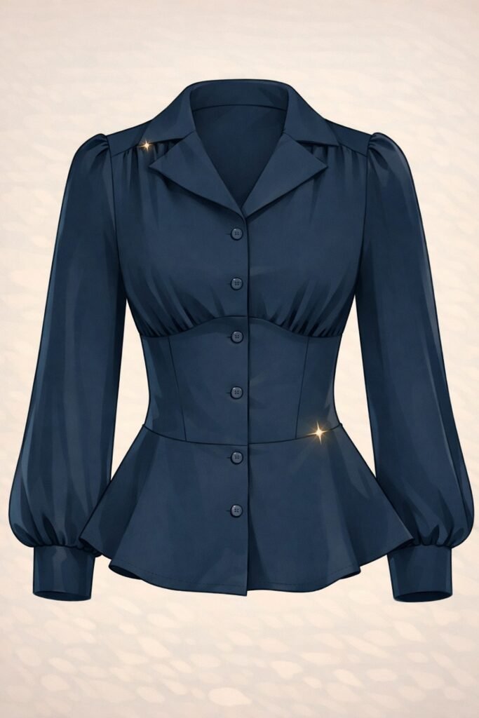 Outfits. Blusa azul marino ajustada con botones frontales y mangas largas abullonadas.