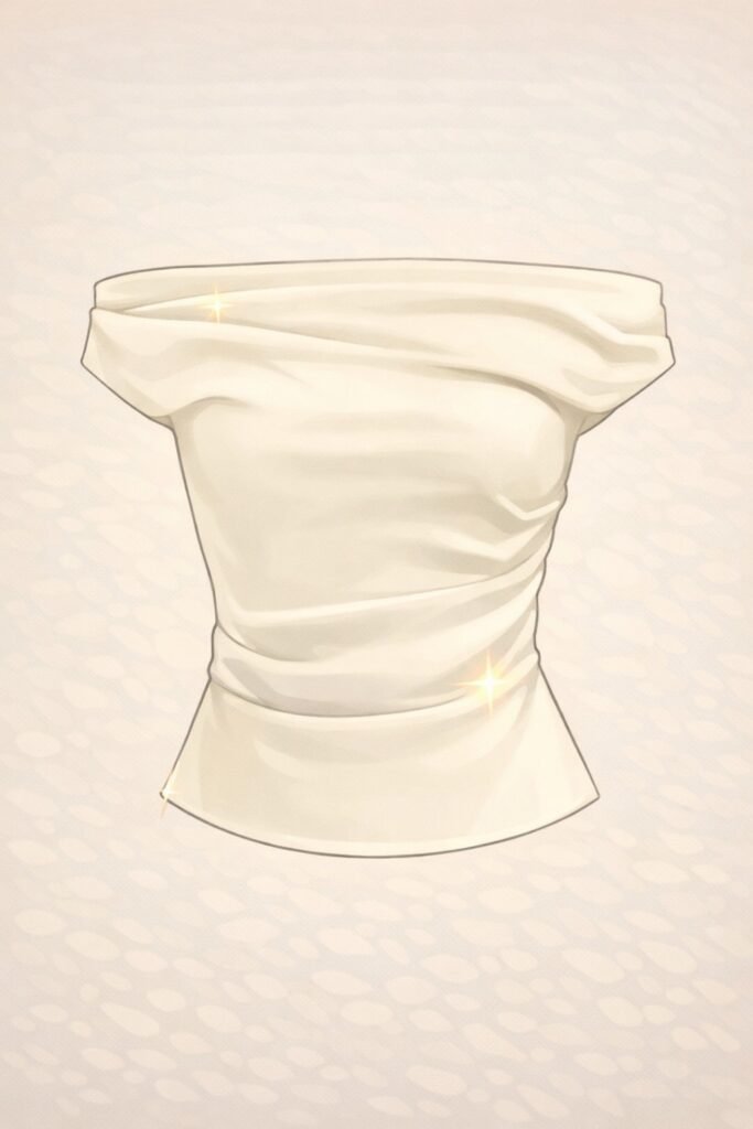 Outfits. Blusa beige sin hombros ajustada con efecto drapeado.