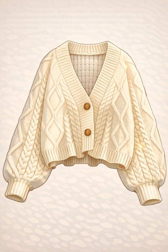 Outfits. Suéter tejido beige tipo cardigan con botones frontales y mangas largas.
