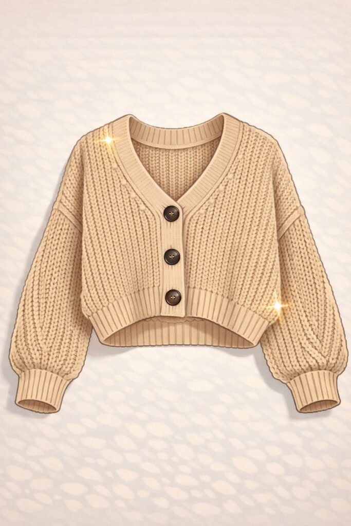 Outfits. Cardigan tejido beige corto con botones frontales y mangas largas abullonadas.
