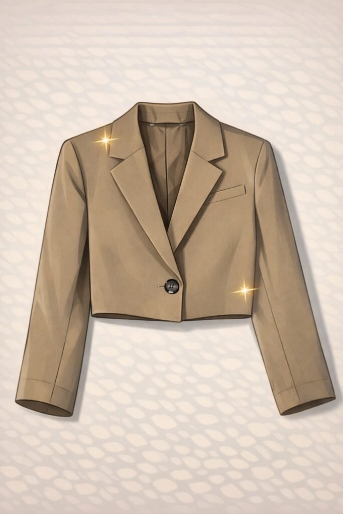 Outfits. Blazer beige tipo cropped con solapa clásica, botón frontal y mangas largas.