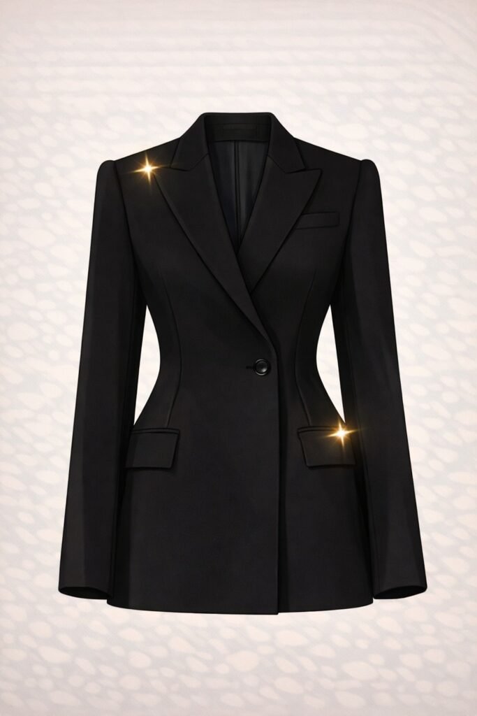 Outfits. Blazer negro entallado con solapa clásica, botón frontal y corte estructurado.