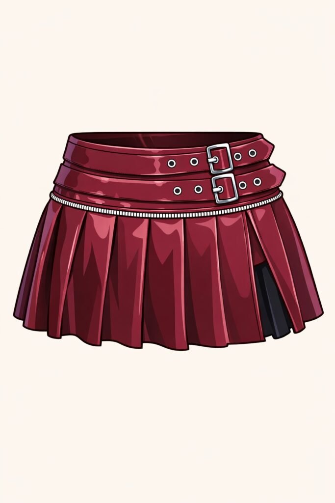 Outfits. Falda corta roja plisada con efecto cuero, cinturones dobles con hebillas y detalle de cierre frontal.