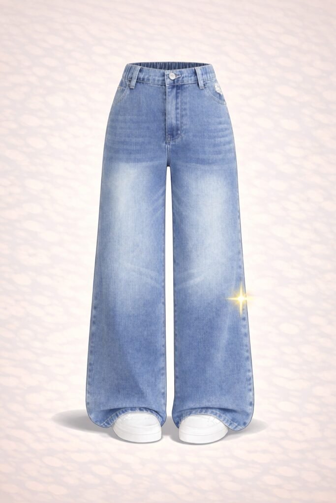 Outfits. Jeans azules de tiro alto con corte recto y efecto lavado claro.