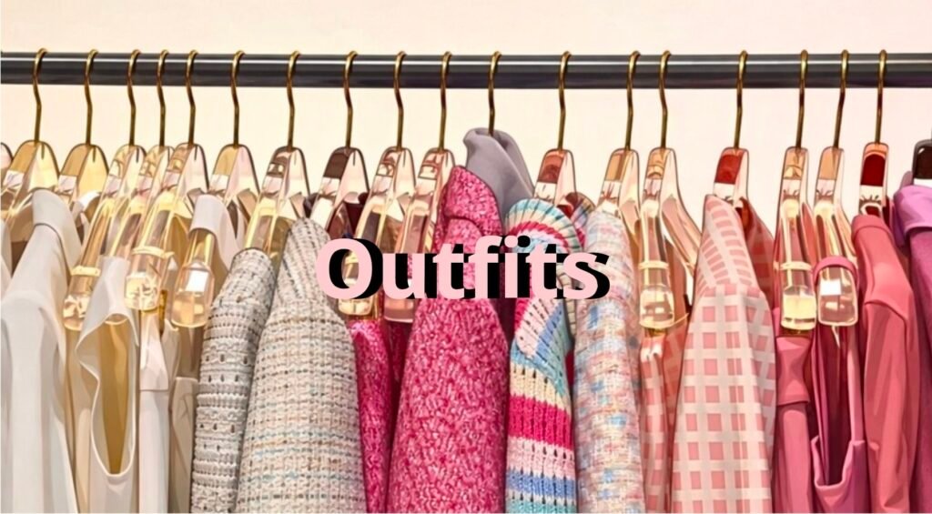 Ropa colgada en perchero con diferentes prendas y colores bajo el título outfits.