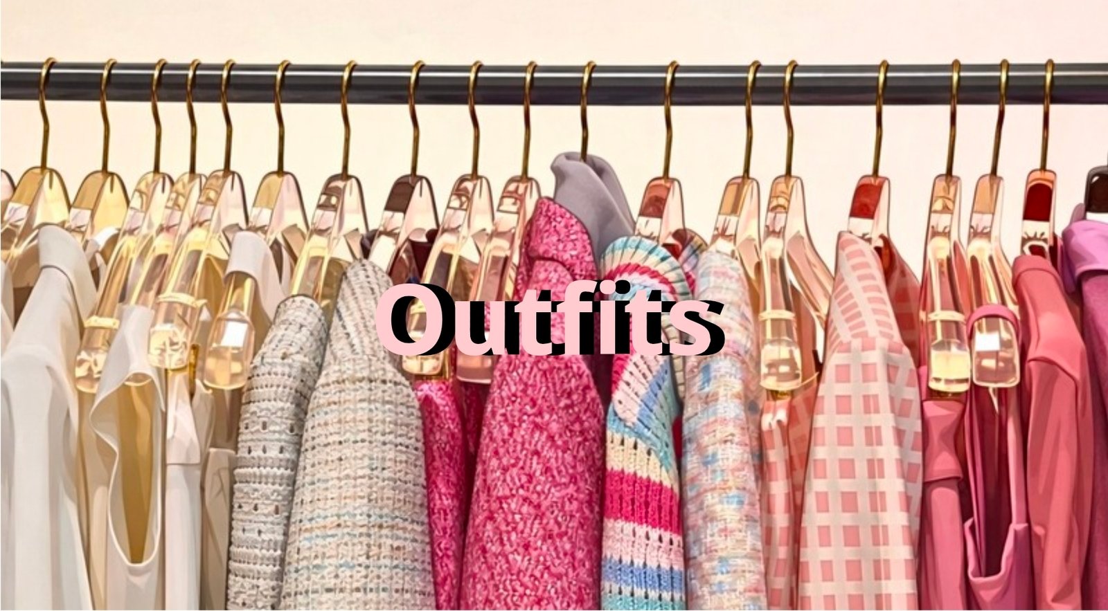 Básicos para maquillaje Ropa colgada en perchero con diferentes prendas y colores bajo el título outfits.