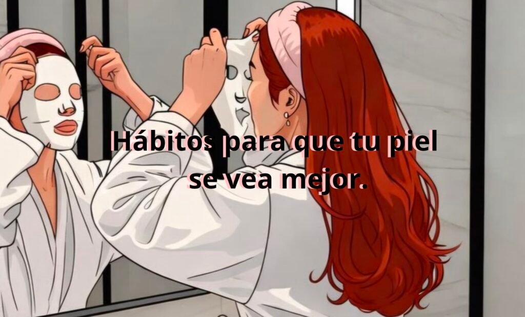 Mujer aplicándose una mascarilla facial frente al espejo con el texto hábitos para que tu piel se vea mejor.
