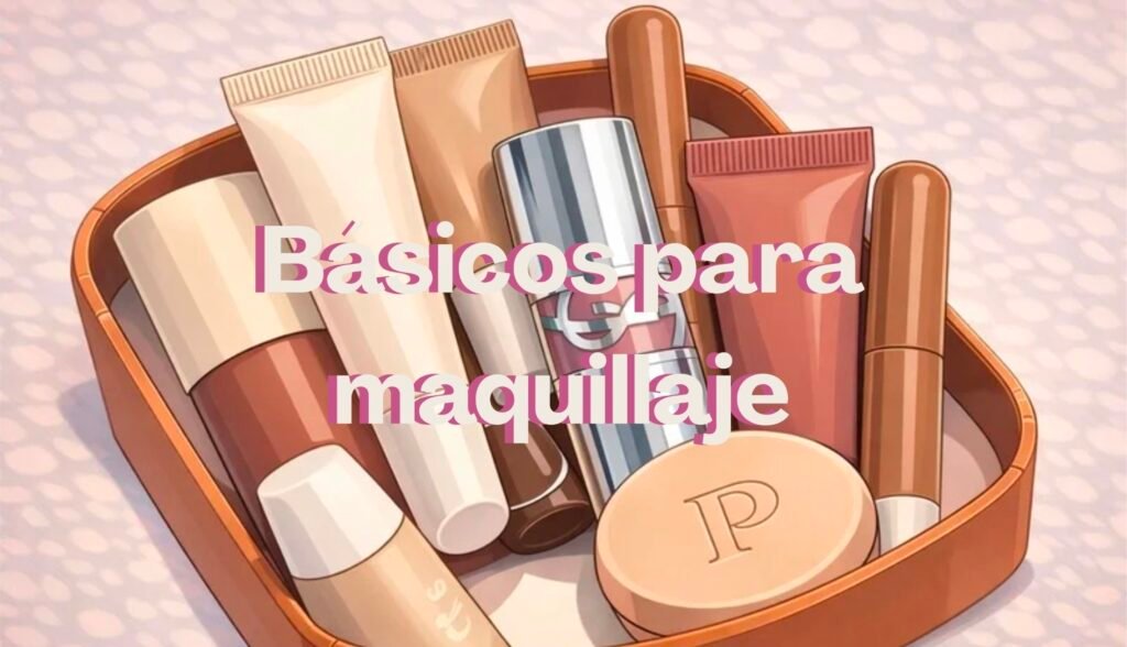 productos básicos para maquillaje como base, corrector y polvo