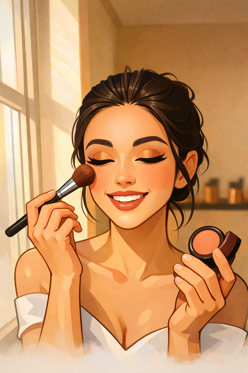 Maquillaje para principiantes Mujer aplicando rubor con brocha.