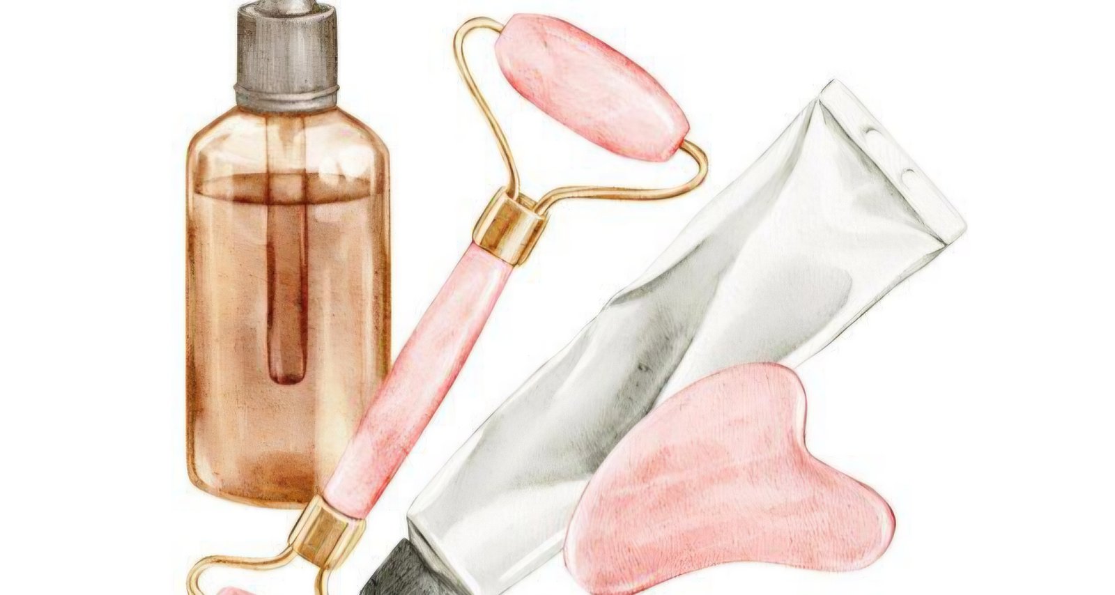 Rutina sencilla. Ilustración de productos de skincare como suero, rodillo facial y gua sha.