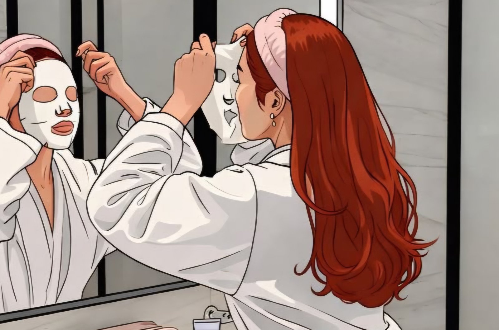 Hábitos para una mejor piel. Ilustración de mujer aplicándose una mascarilla facial frente al espejo.