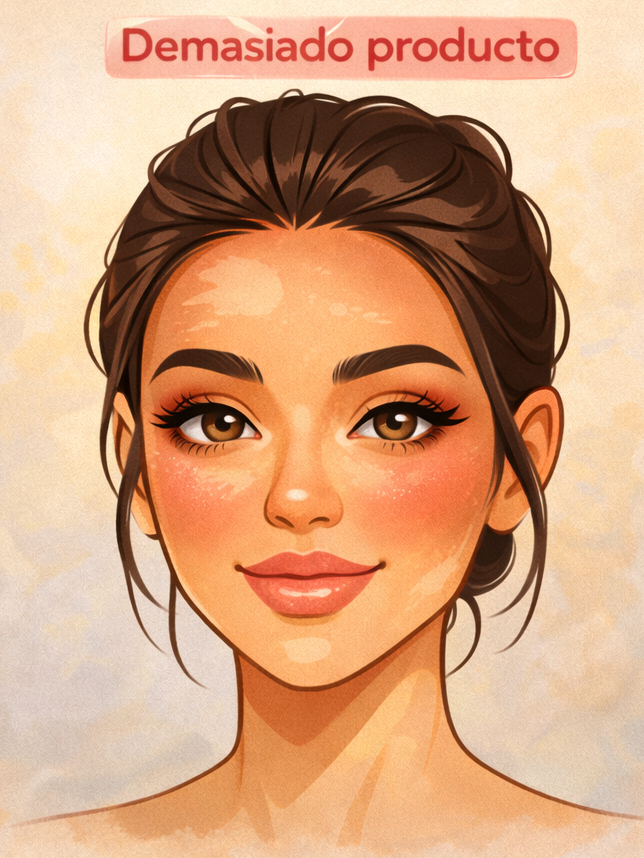 Maquillaje para principiantes Ejemplo de maquillaje con exceso de producto.