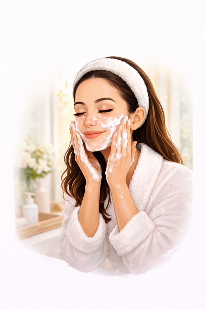 Rutina sencilla. mujer lavando el rostro con limpiador facial