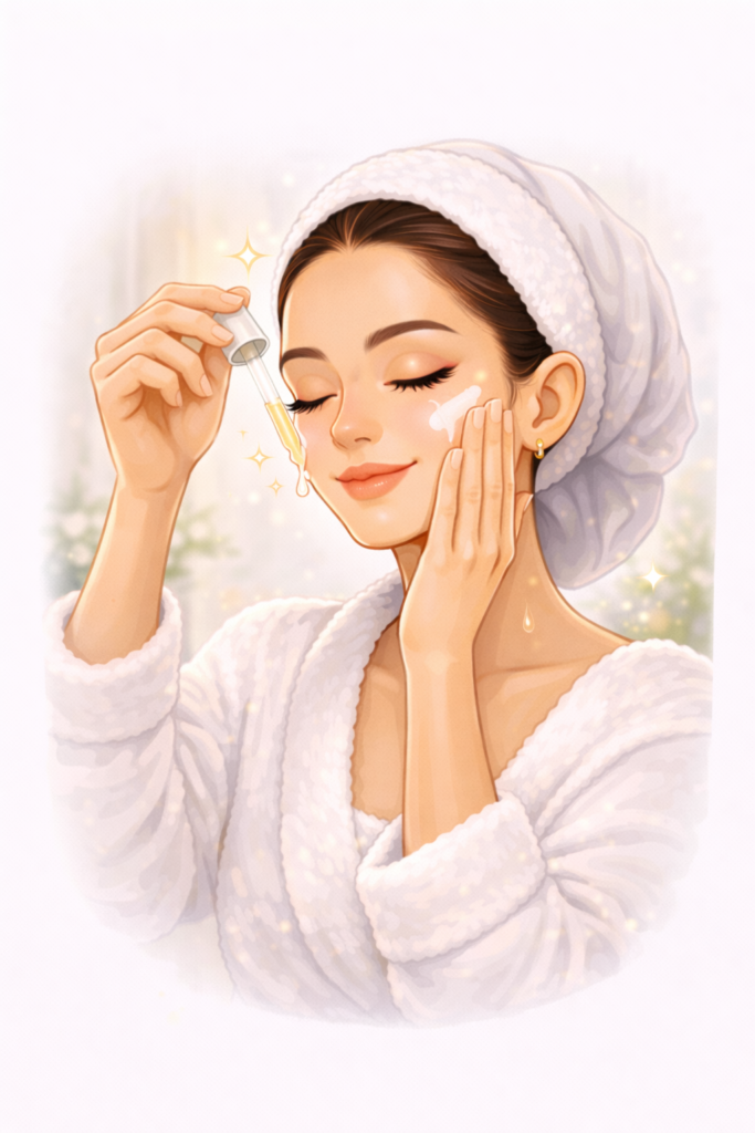 Rutina sencilla. mujer aplicando suero facial en el rostro