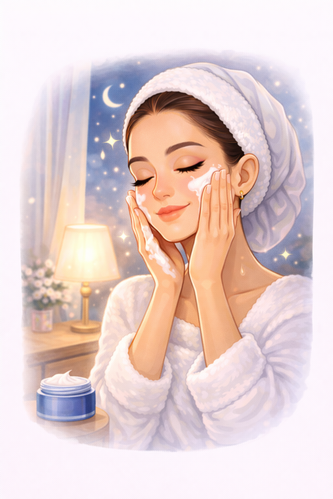 Rutina sencilla. mujer realizando rutina nocturna de cuidado facial antes de dormir