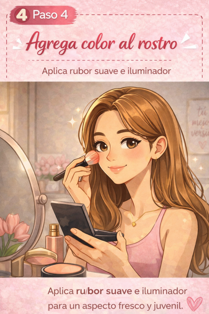 Maquillaje en 5 minutos Mujer aplicando rubor en el rostro.