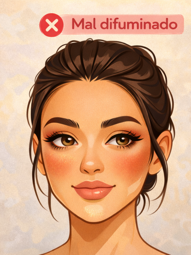 Maquillaje para principiantes Ejemplo de maquillaje mal difuminado.