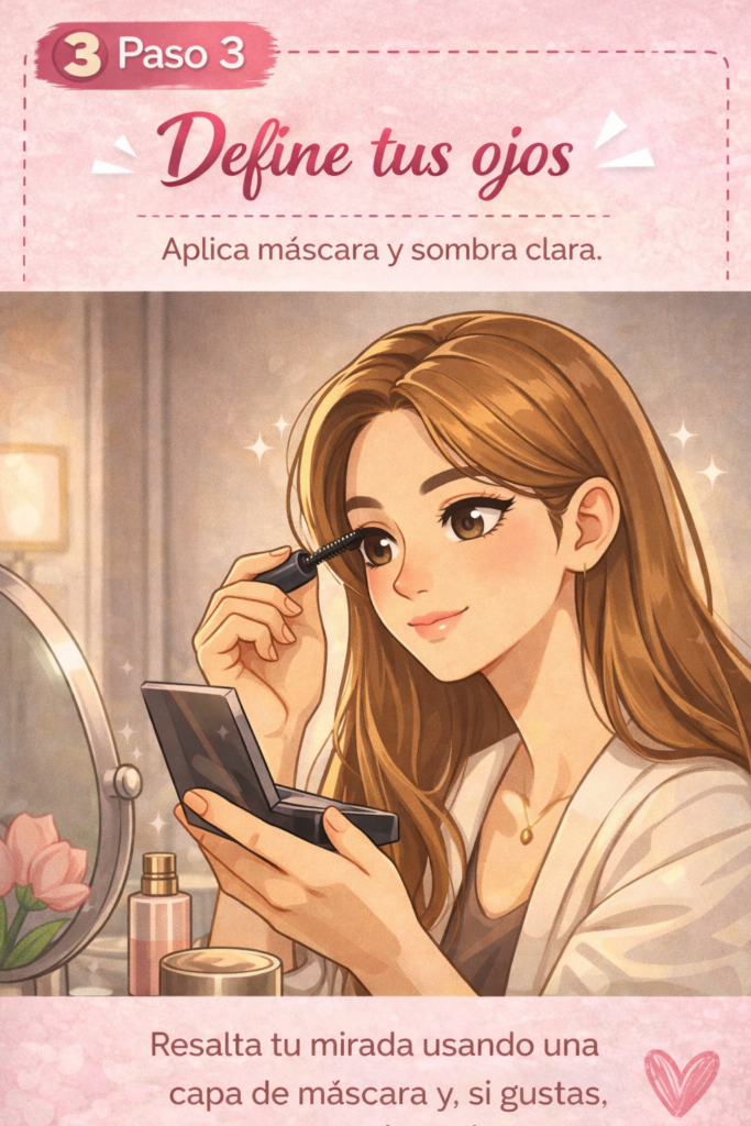 Maquillaje en 5 minutos mujer aplicando rímelos en las pestañas con un espejo