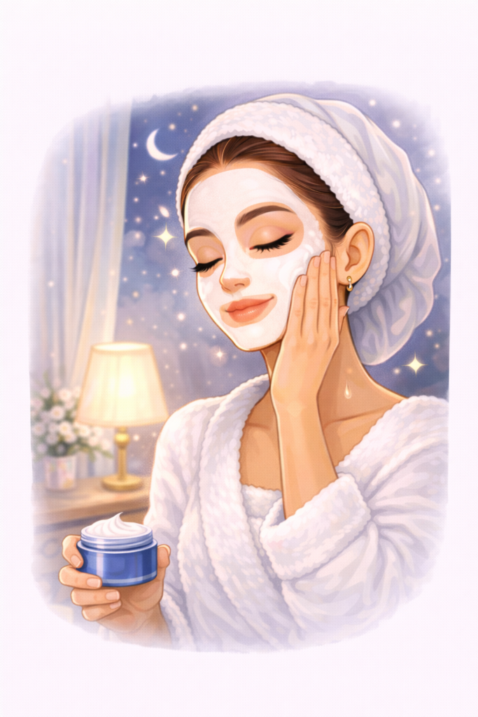 Rutina sencilla. mujer aplicando crema facial nocturna frente al espejo