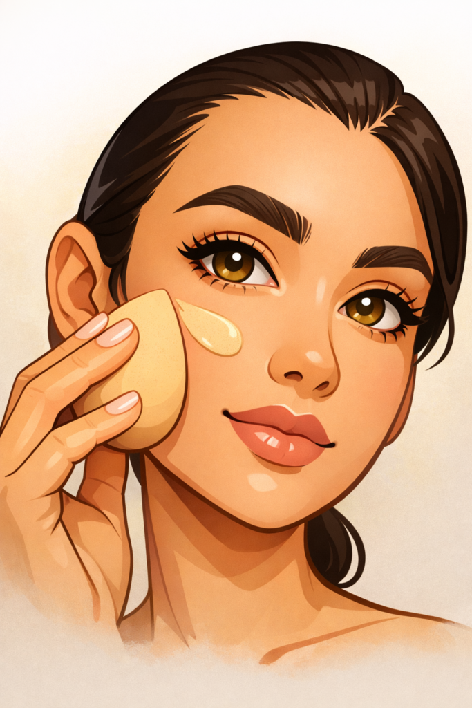Maquillaje para principiantes Mujer aplicando base de maquillaje.