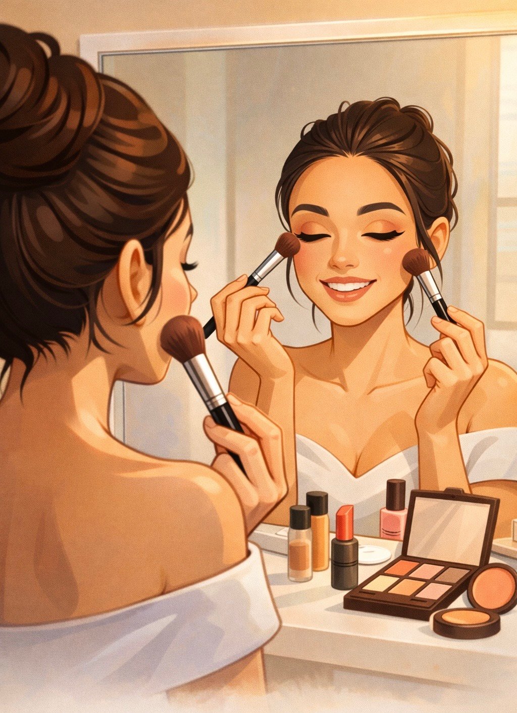 Maquillaje para principiantes Mujer maquillándose frente al espejo.