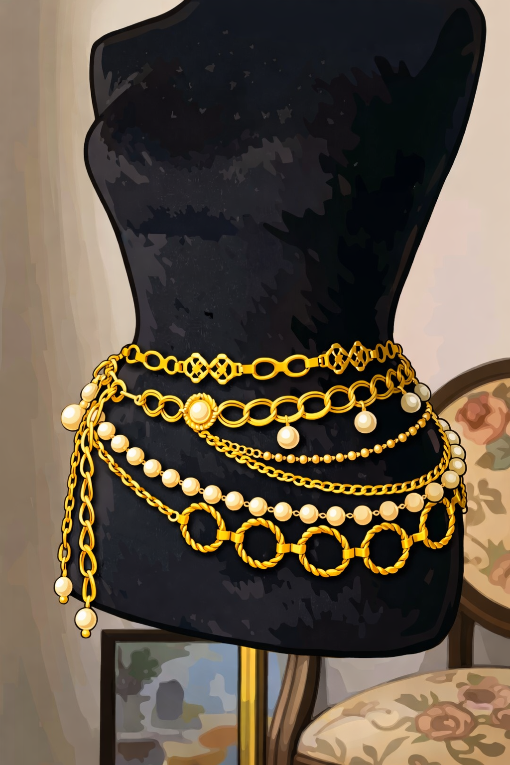 Accesorios maniquí negro con cinturones dorados