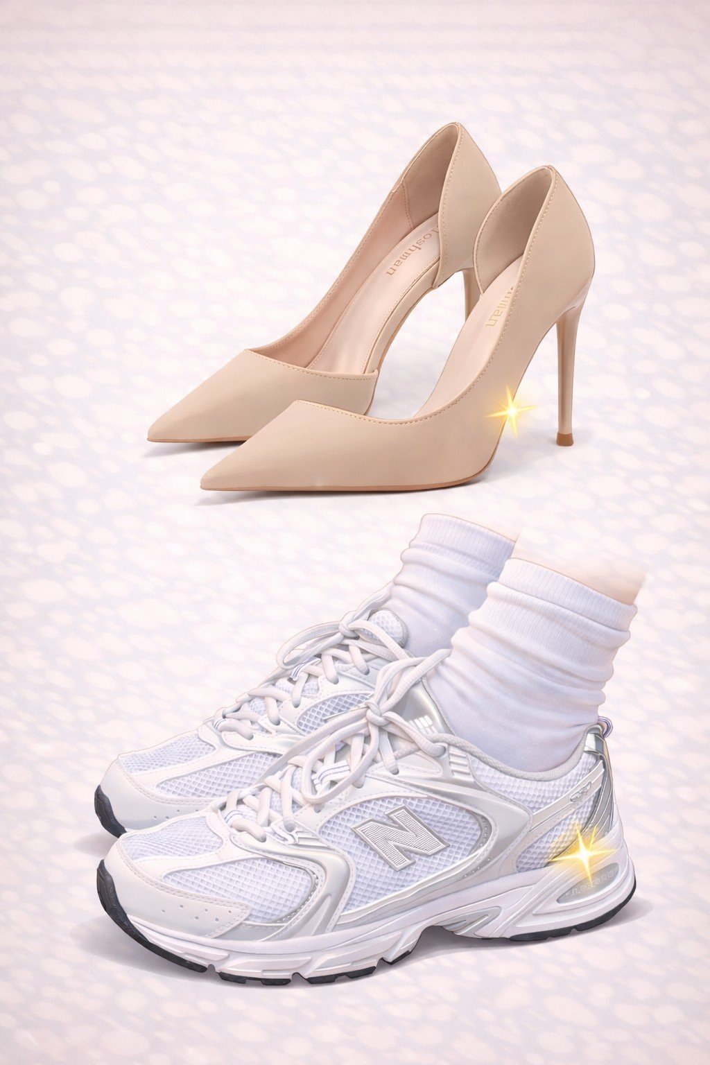 Outfits. Zapatos de tacón beige y tenis blancos deportivos con calcetas altas.
