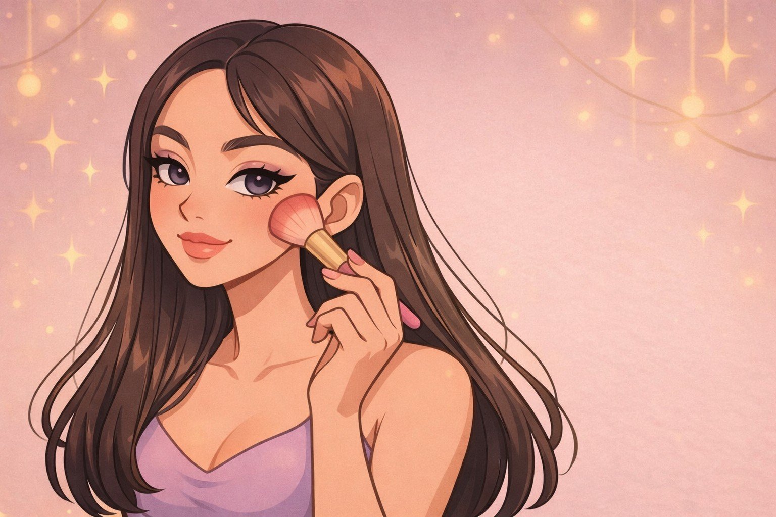 Maquillaje en 5 minutos Ilustración de mujer aplicándose rubor con brocha en un maquillaje natural.