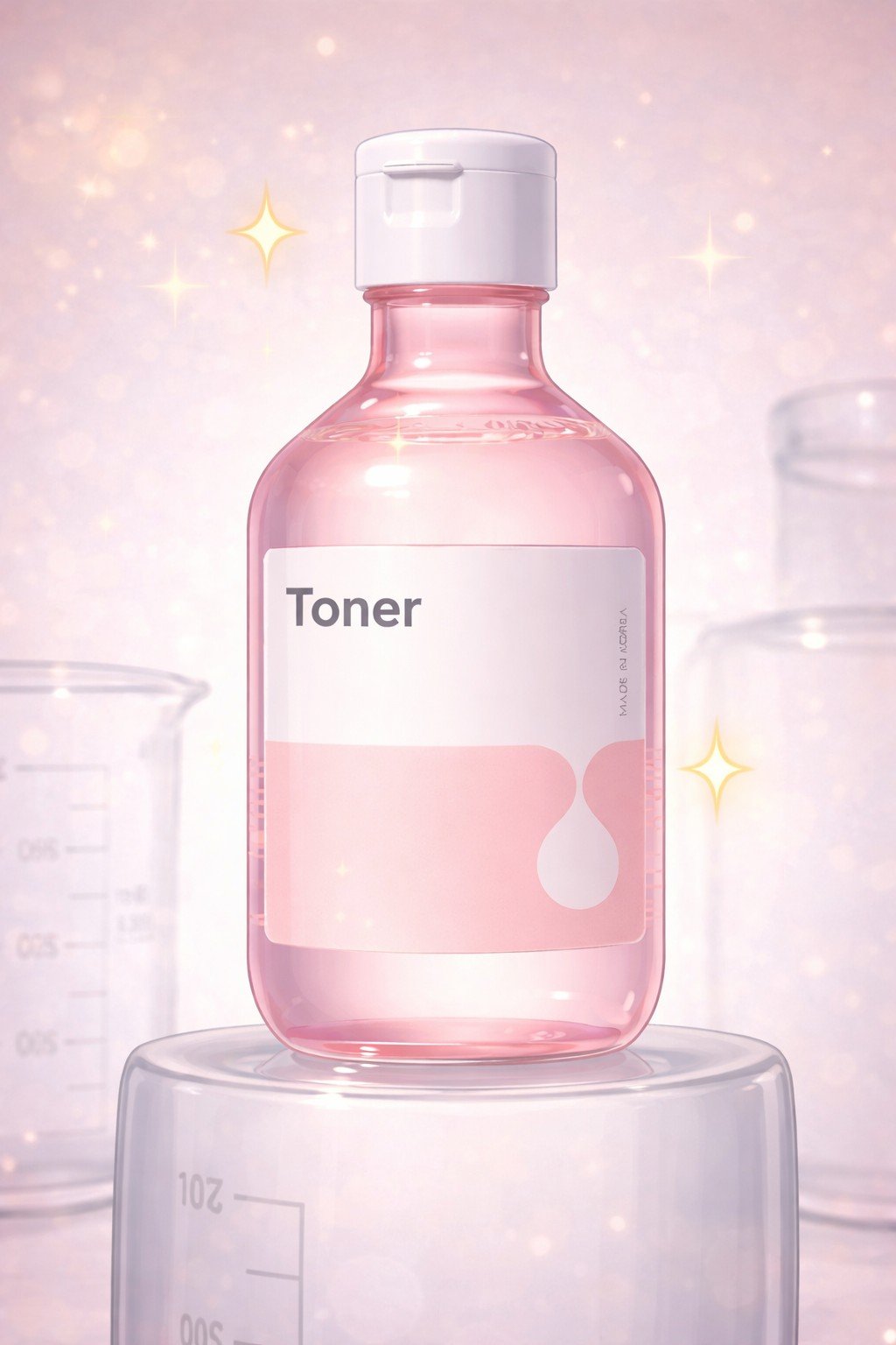 Botella de tónico facial rosa sobre superficie, producto de skincare.