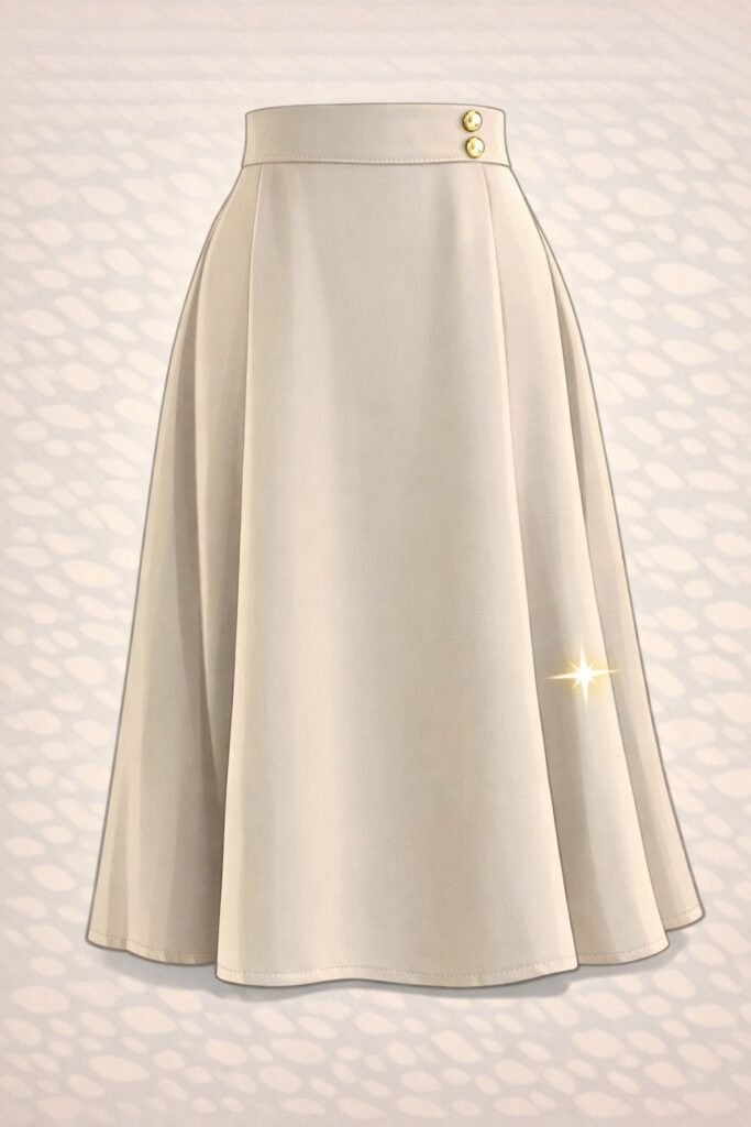 Outfits. Falda midi beige de corte amplio con cintura alta y botones decorativos laterales
