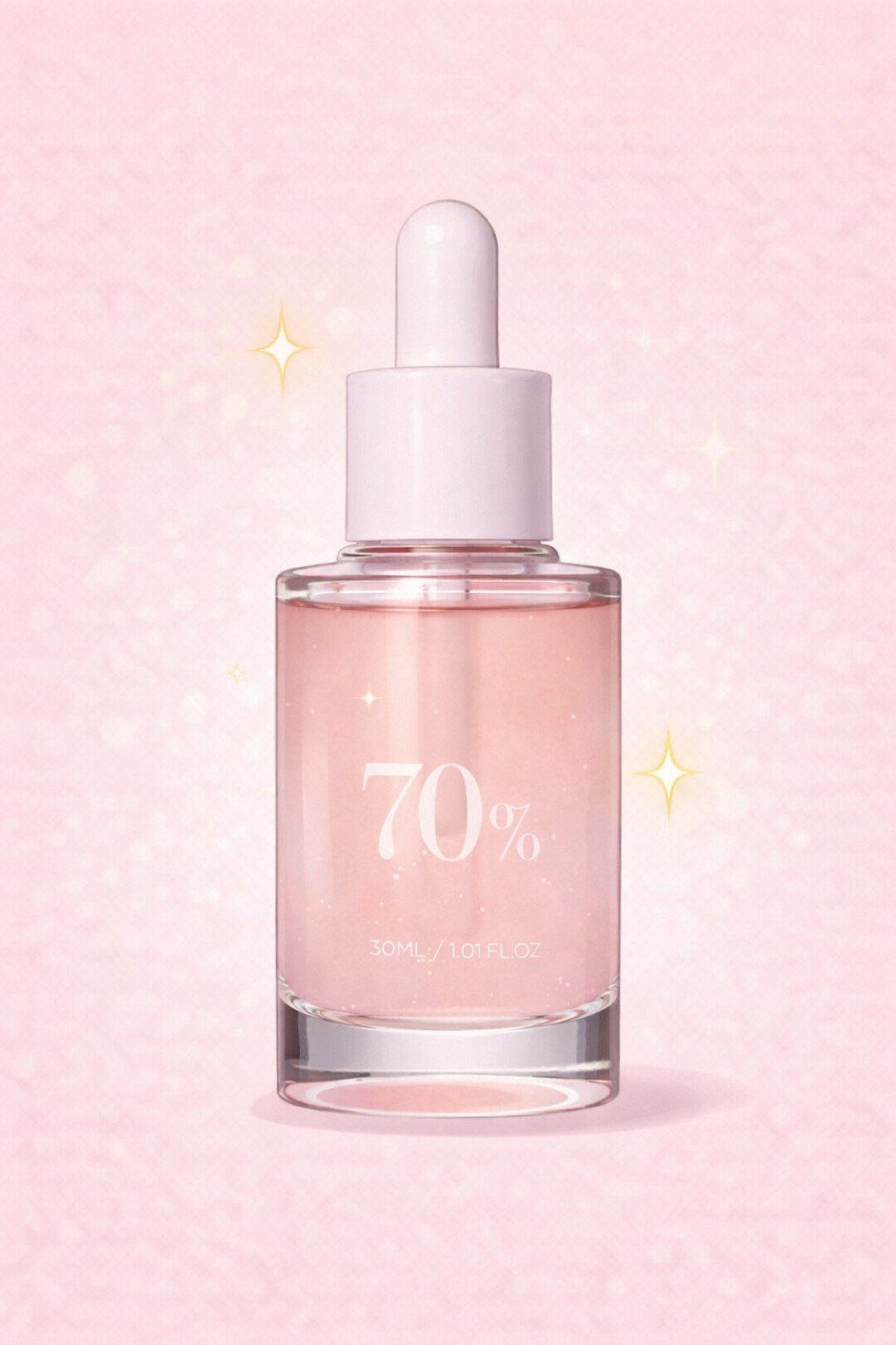 Sérum facial en frasco rosa con gotero y diseño minimalista.