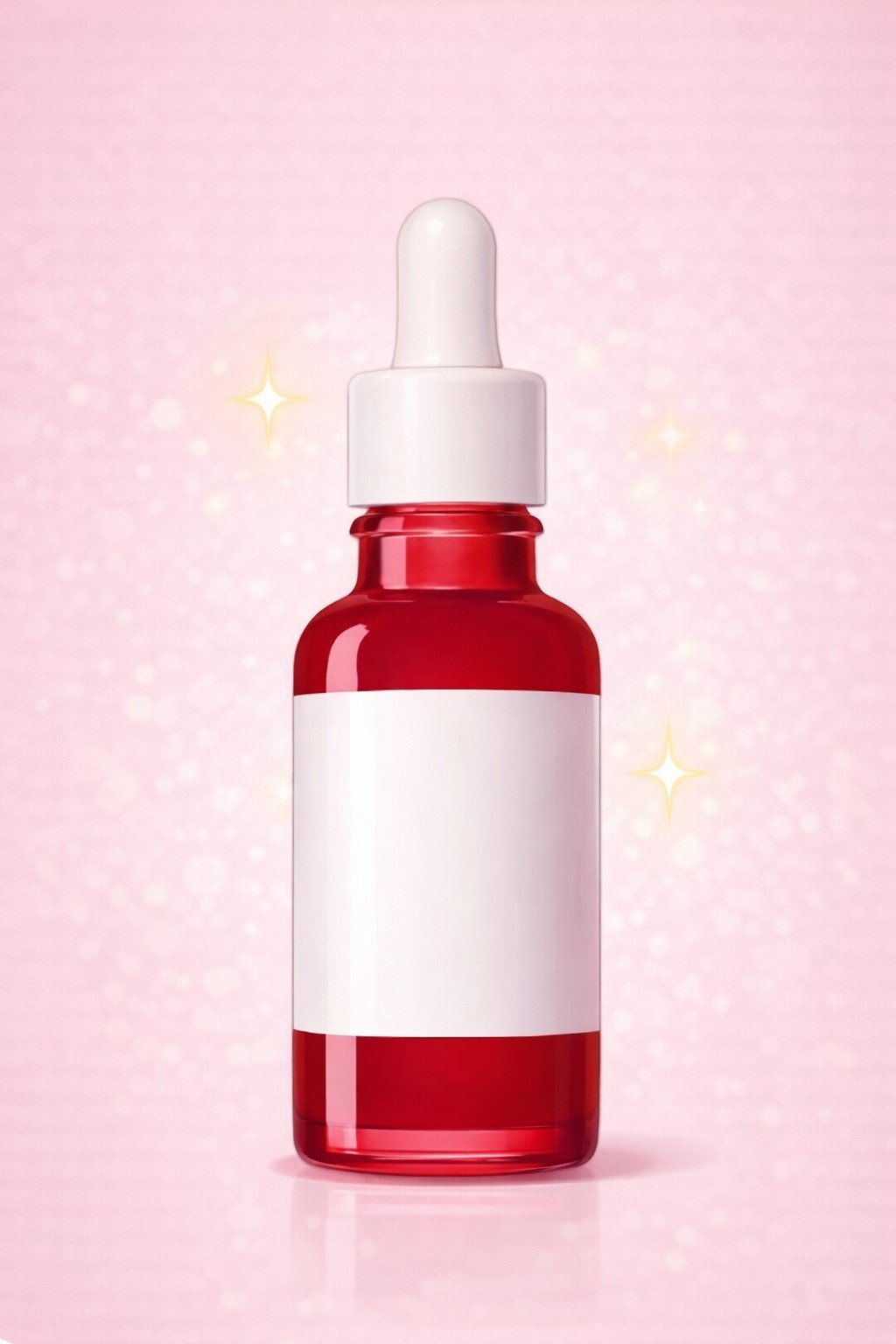 Frasco rojo con gotero para sérum facial.