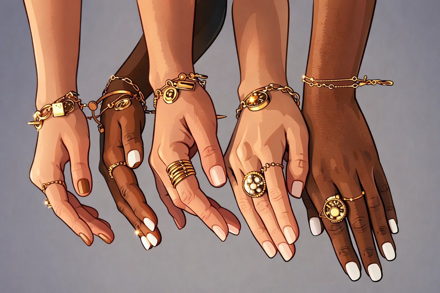 Joyeria Manos con joyería dorada y anillos.