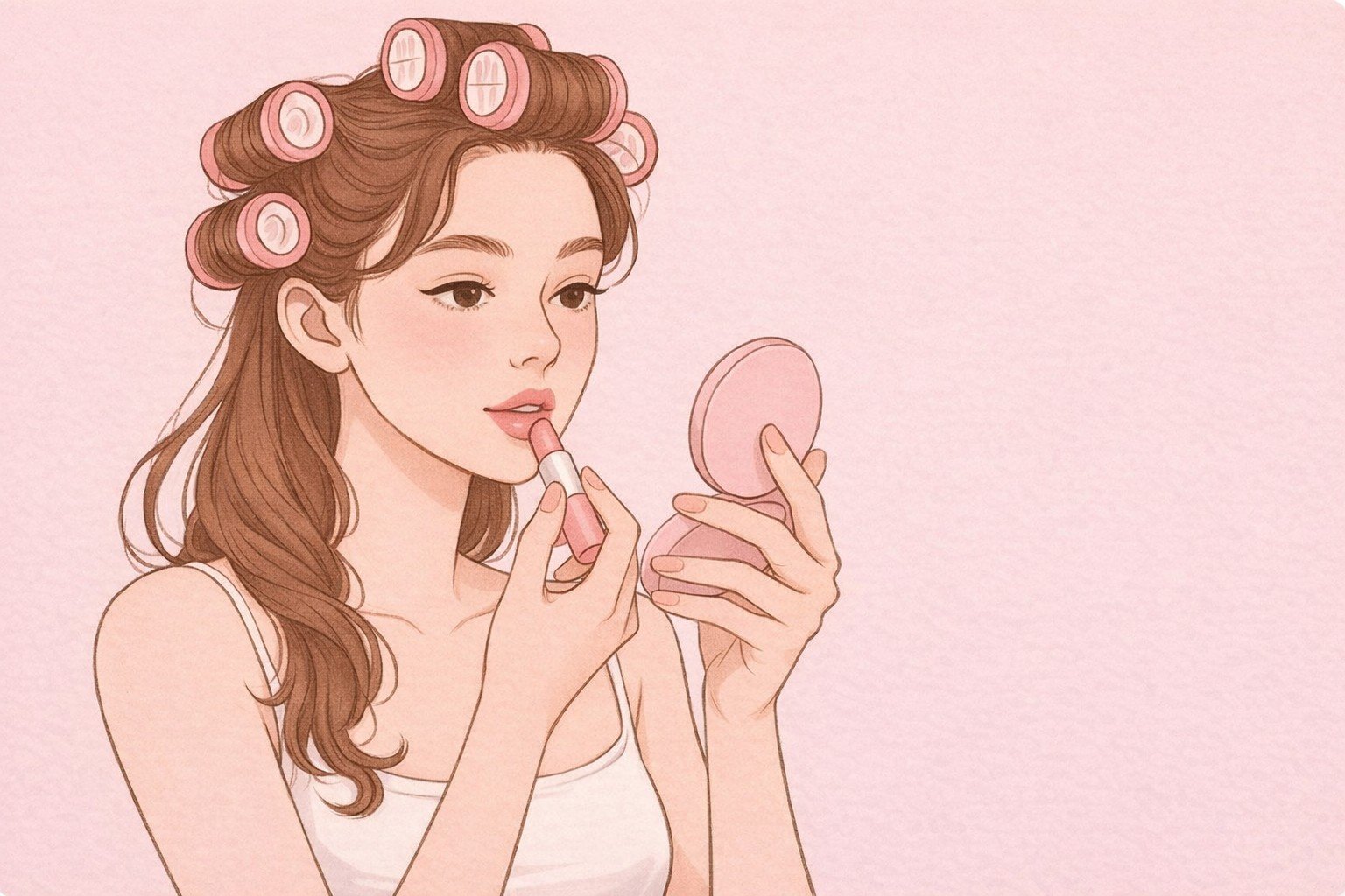 Maquillaje para principiantes Ilustración de mujer aplicándose labial frente a un espejo con rizadores en el cabello.