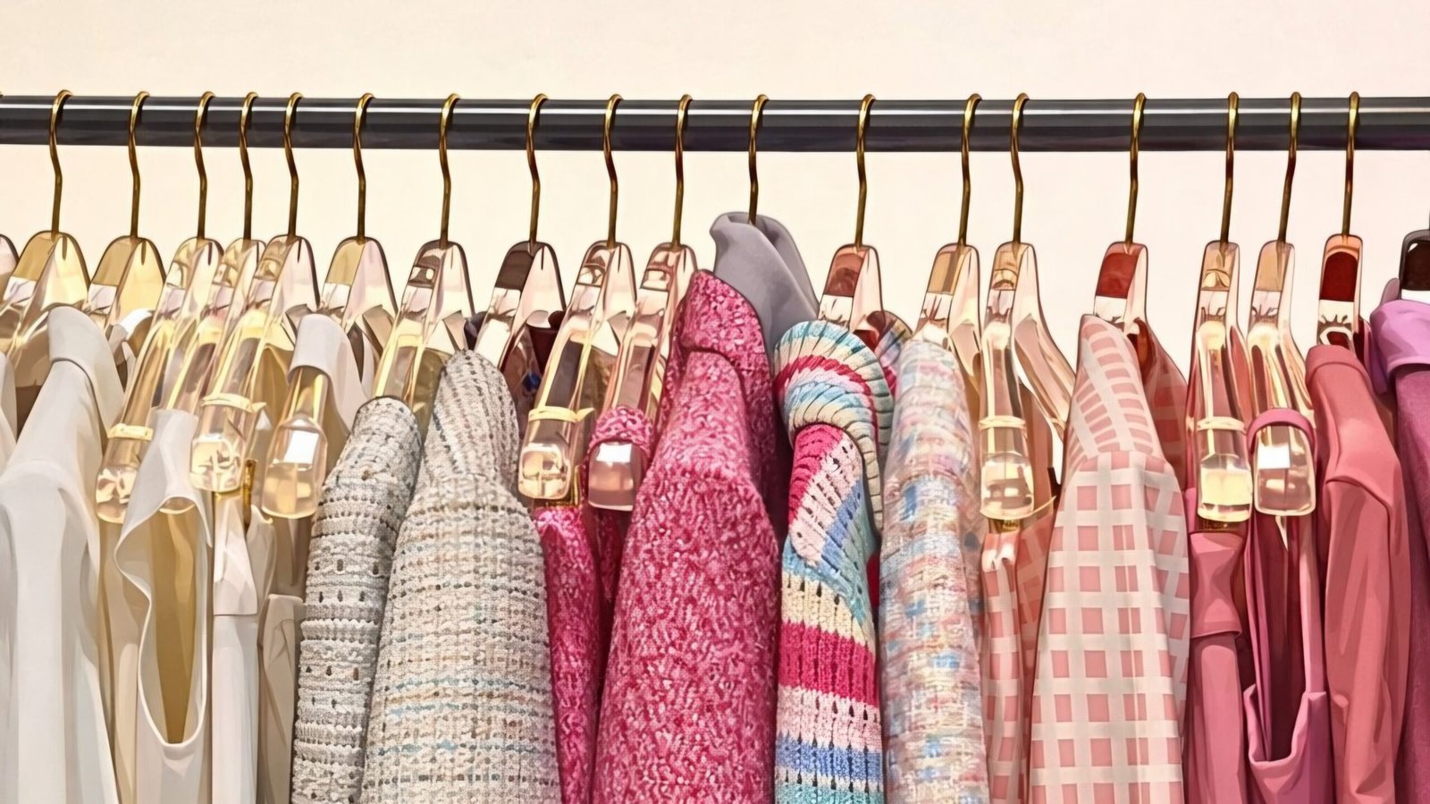 Outfits. Ropa colgada en ganchos dorados con prendas de colores neutros y rosados.