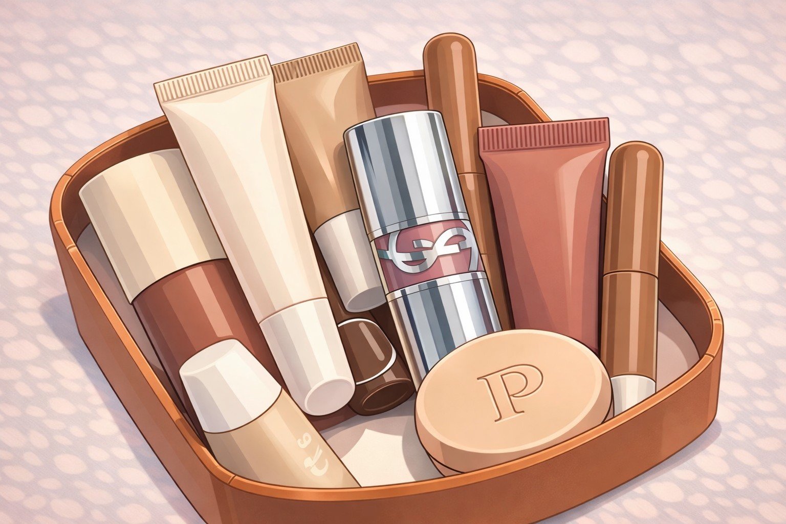Básicos para maquillaje Ilustración de cosmetiquera con productos básicos de maquillaje como base, labial y corrector.